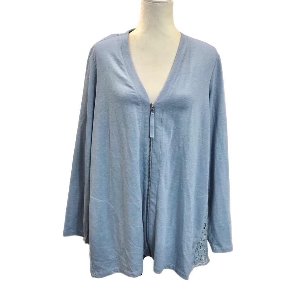 LOGO Lori Goldstein Lounge Size XL Blue Full Zip Front/Lace Back Tunic w/Pockets